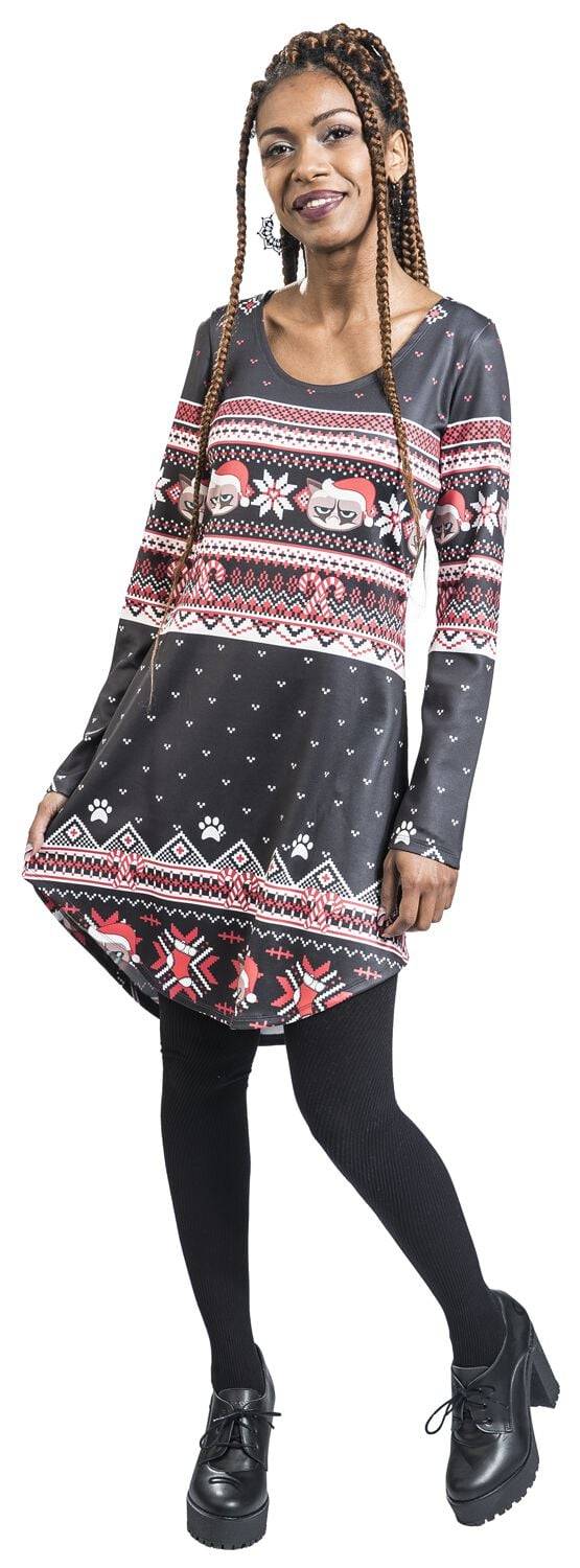 EMP "Grumpy X-Mas" Mittellanges Kleid Schwarz/rot/weiß Von Grumpy Cat