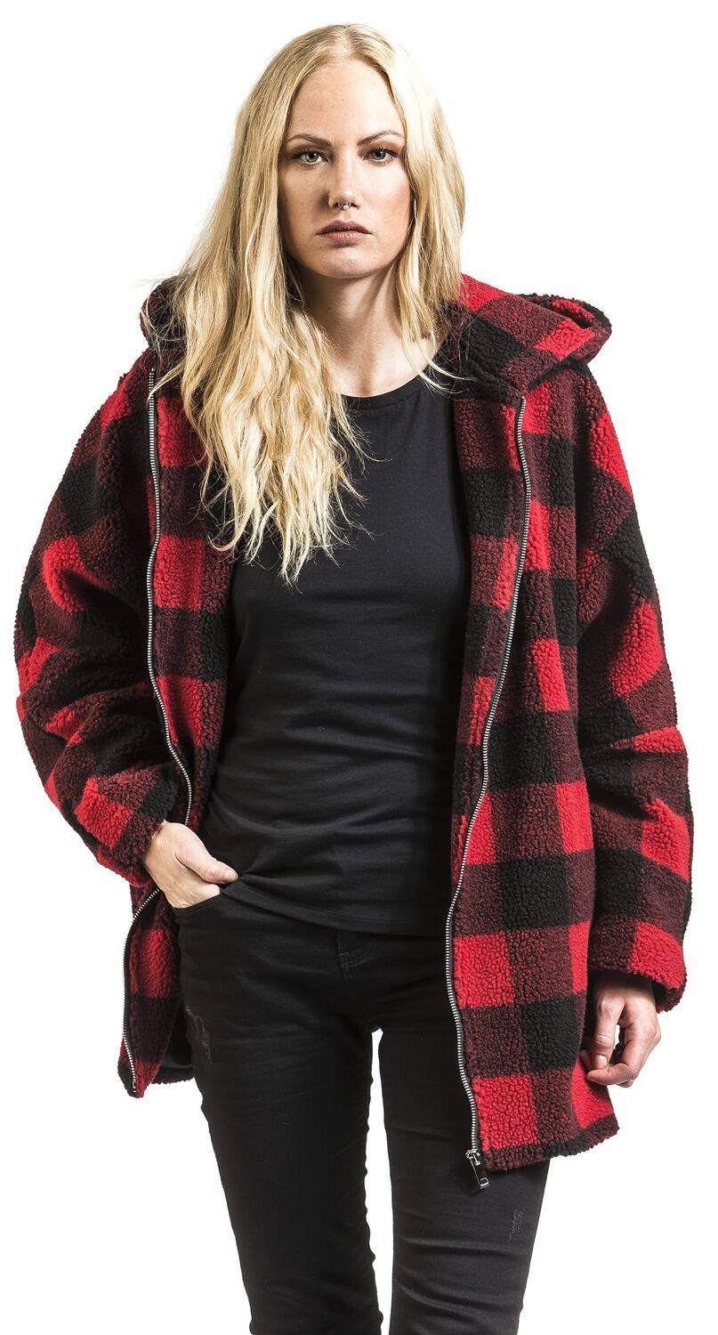 EMP "Ladies Hooded Oversized Check Sherpa Jacket" Winterjacke Rot/schwarz Von Urban Classics