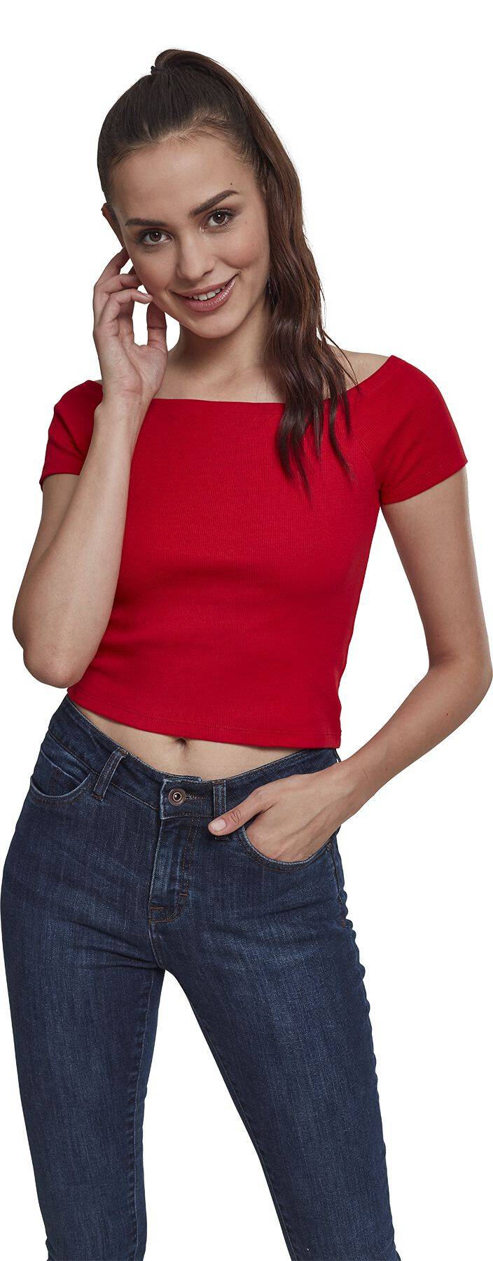 EMP "Ladies Off Shoulder Rib Tee" T-Shirt Rot Von Urban Classics