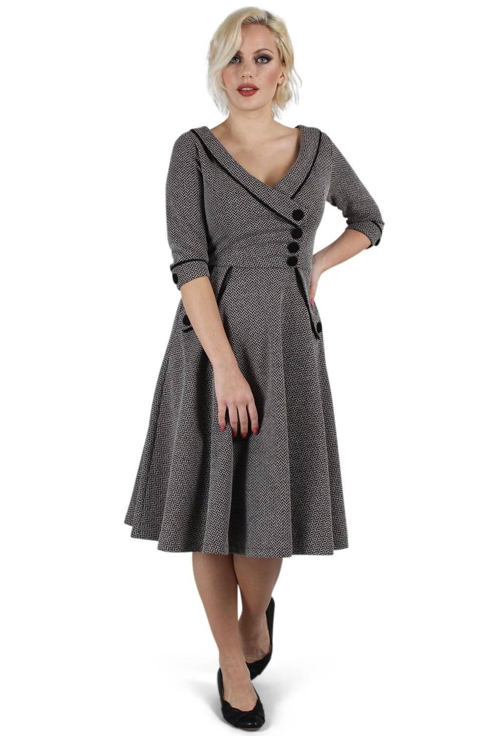 EMP "Macie Herringbone Flared Dress" Mittellanges Kleid Grau Von Voodoo Vixen