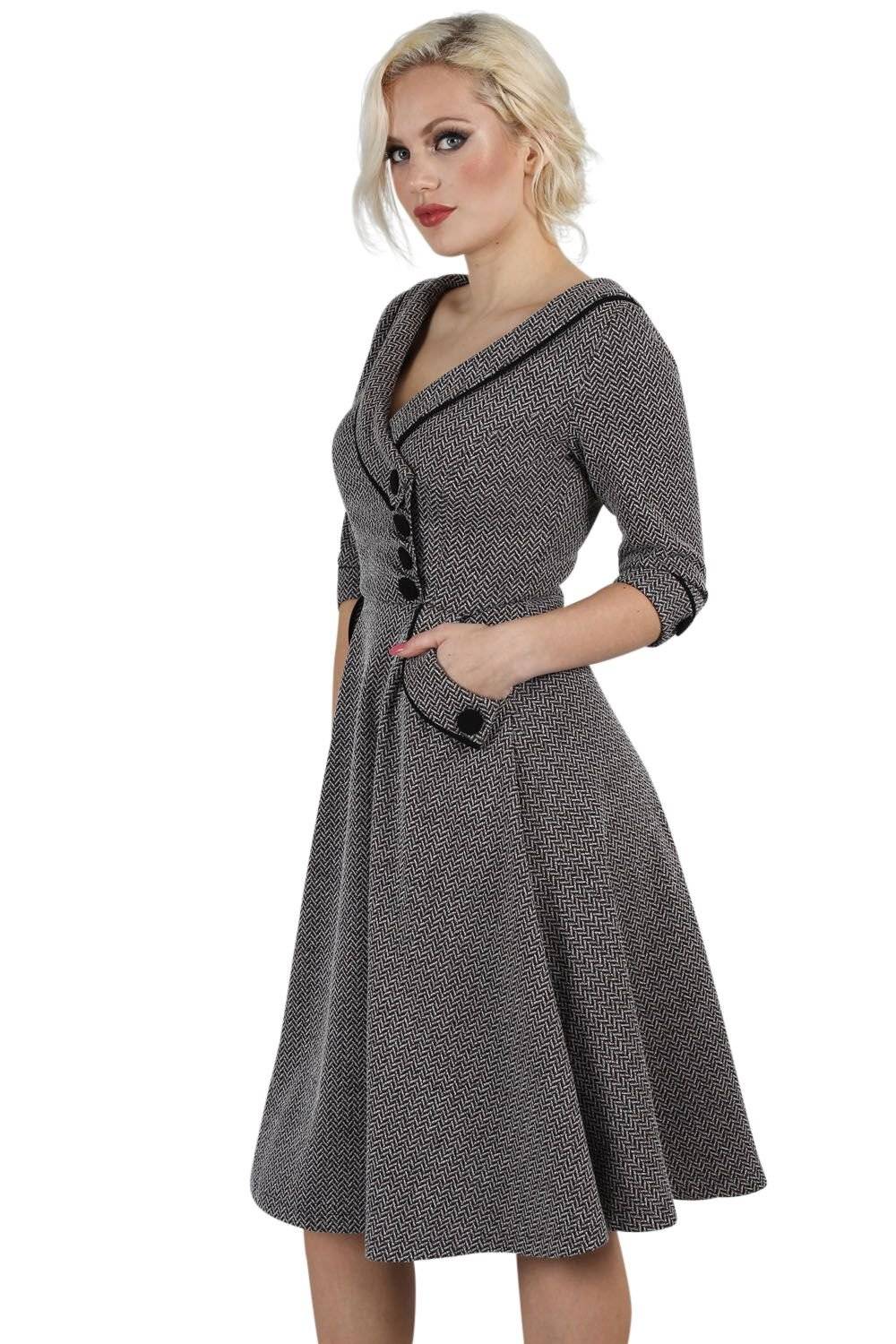 EMP "Macie Herringbone Flared Dress" Mittellanges Kleid Grau Von Voodoo Vixen