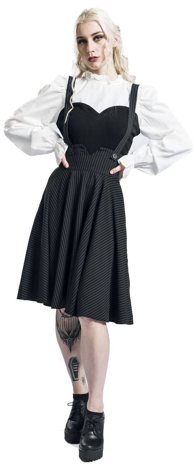 EMP "Pinstripe Suspender Flare Skirt" Mittellanger Rock Schwarz/weiß Von Voodoo Vixen