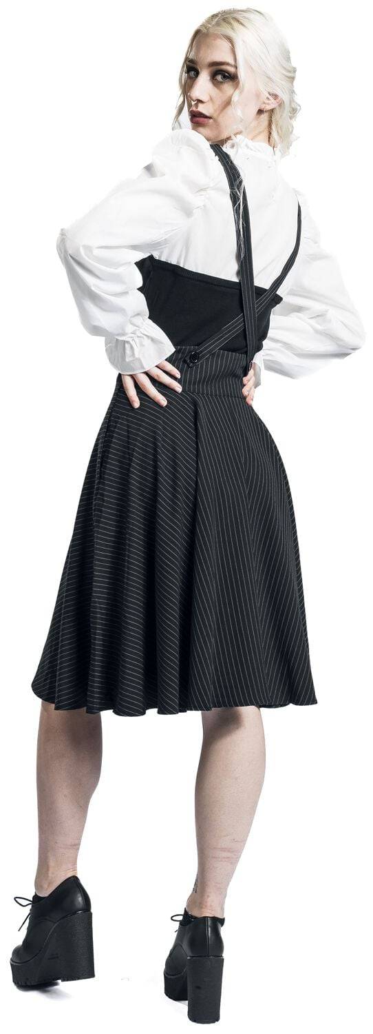 EMP "Pinstripe Suspender Flare Skirt" Mittellanger Rock Schwarz/weiß Von Voodoo Vixen