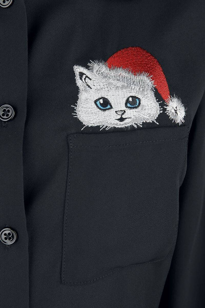 EMP "Pocket Cat Blouse" Bluse Schwarz Von Banned Retro