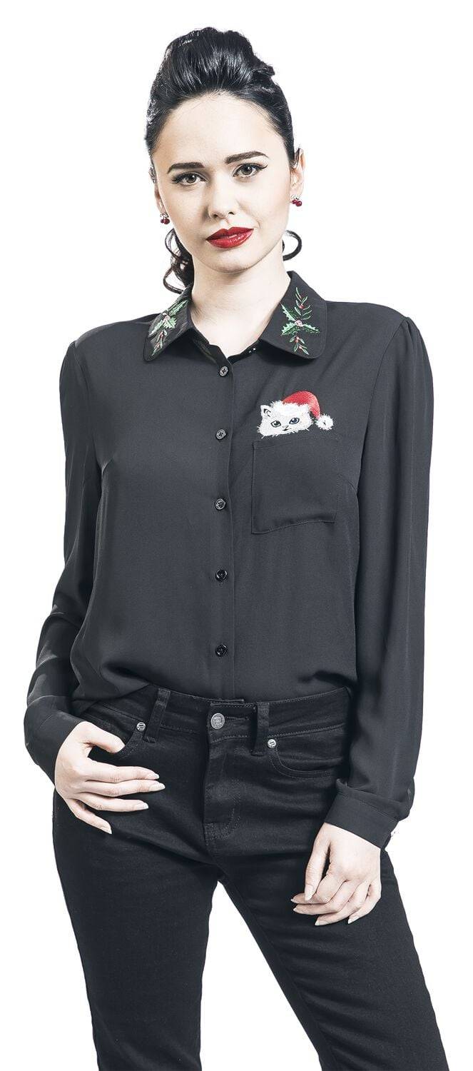 EMP "Pocket Cat Blouse" Bluse Schwarz Von Banned Retro