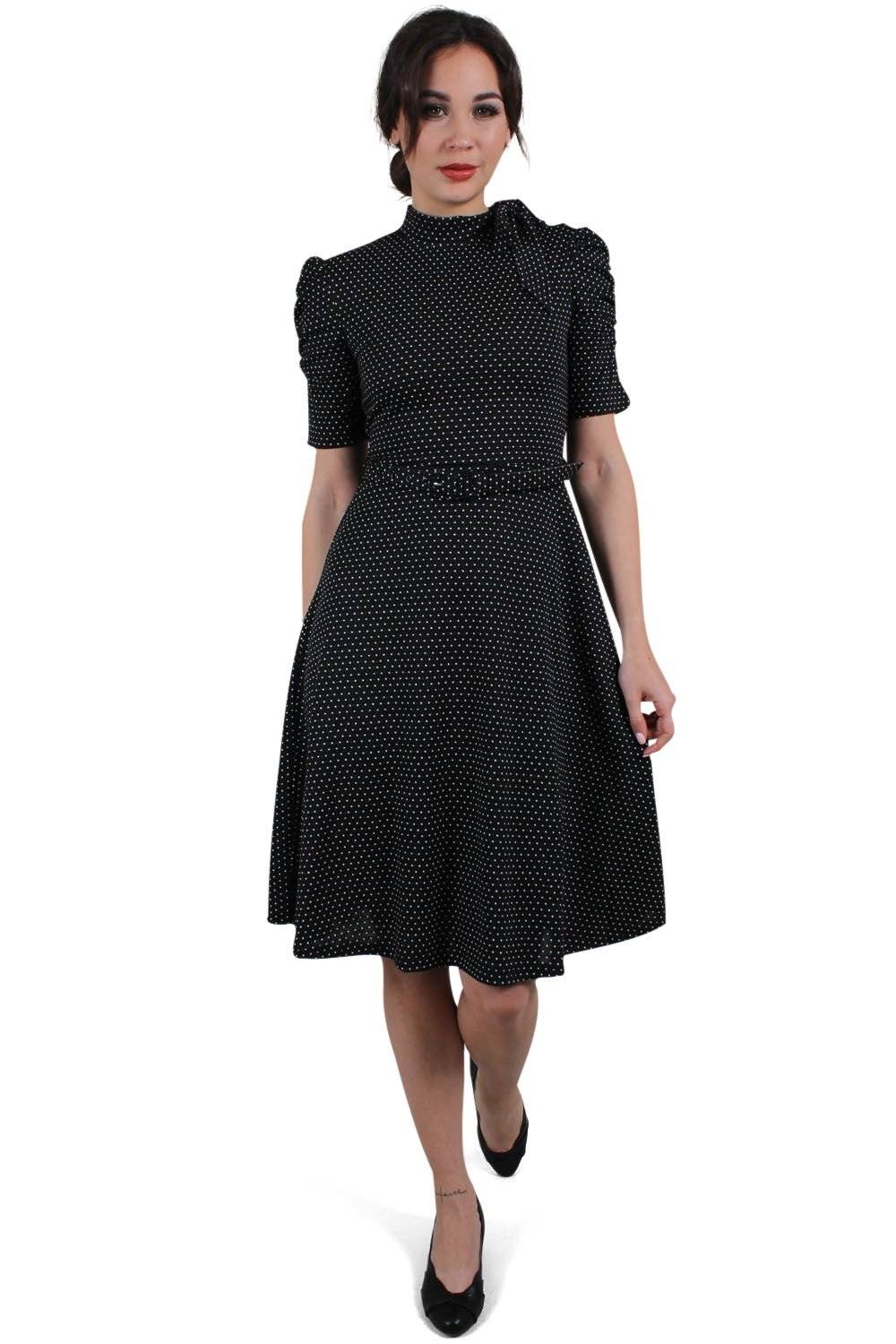 EMP "Posie Black Polka Dot Tie-neck Dress" Mittellanges Kleid Schwarz Von Voodoo Vixen