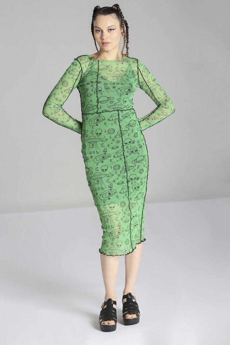 EMP "Scully Dress" Langes Kleid Grün/schwarz Von Hell Bunny