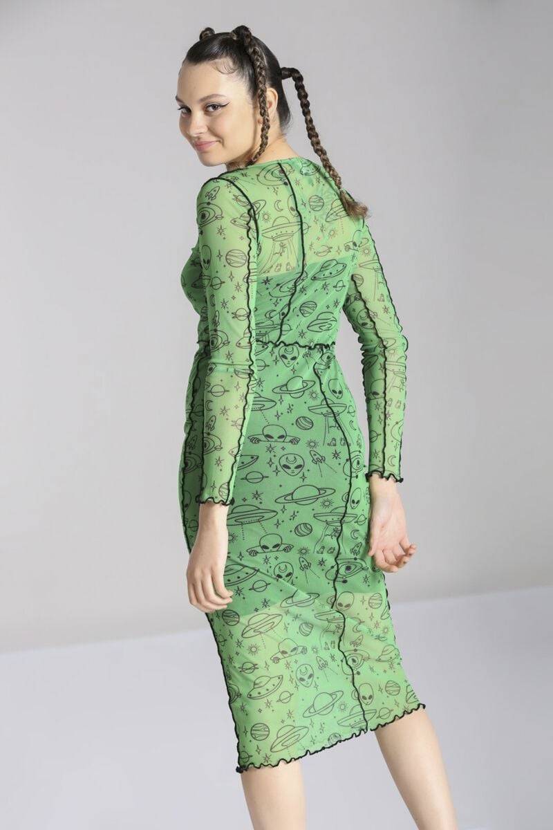 EMP "Scully Dress" Langes Kleid Grün/schwarz Von Hell Bunny