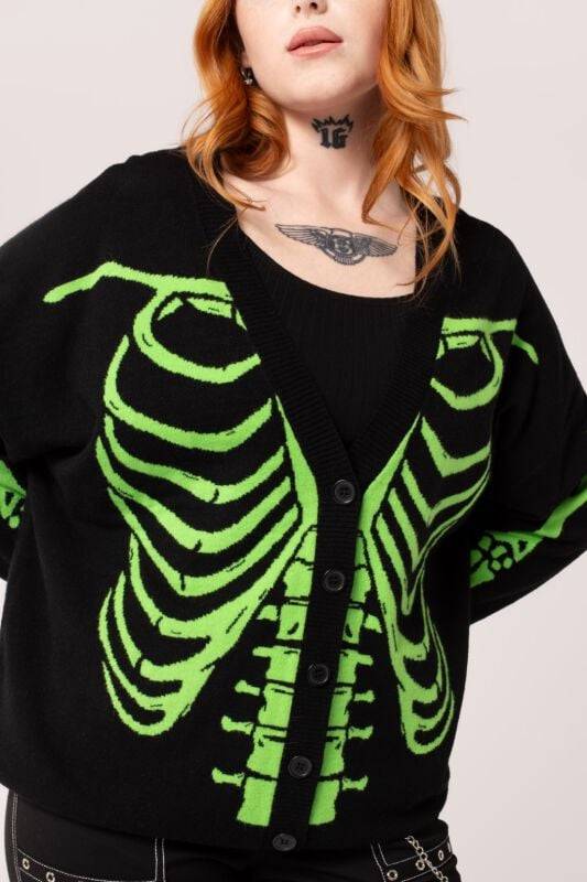 EMP "Skeleton Cardigan" Cardigan Schwarz/grün Von Hell Bunny