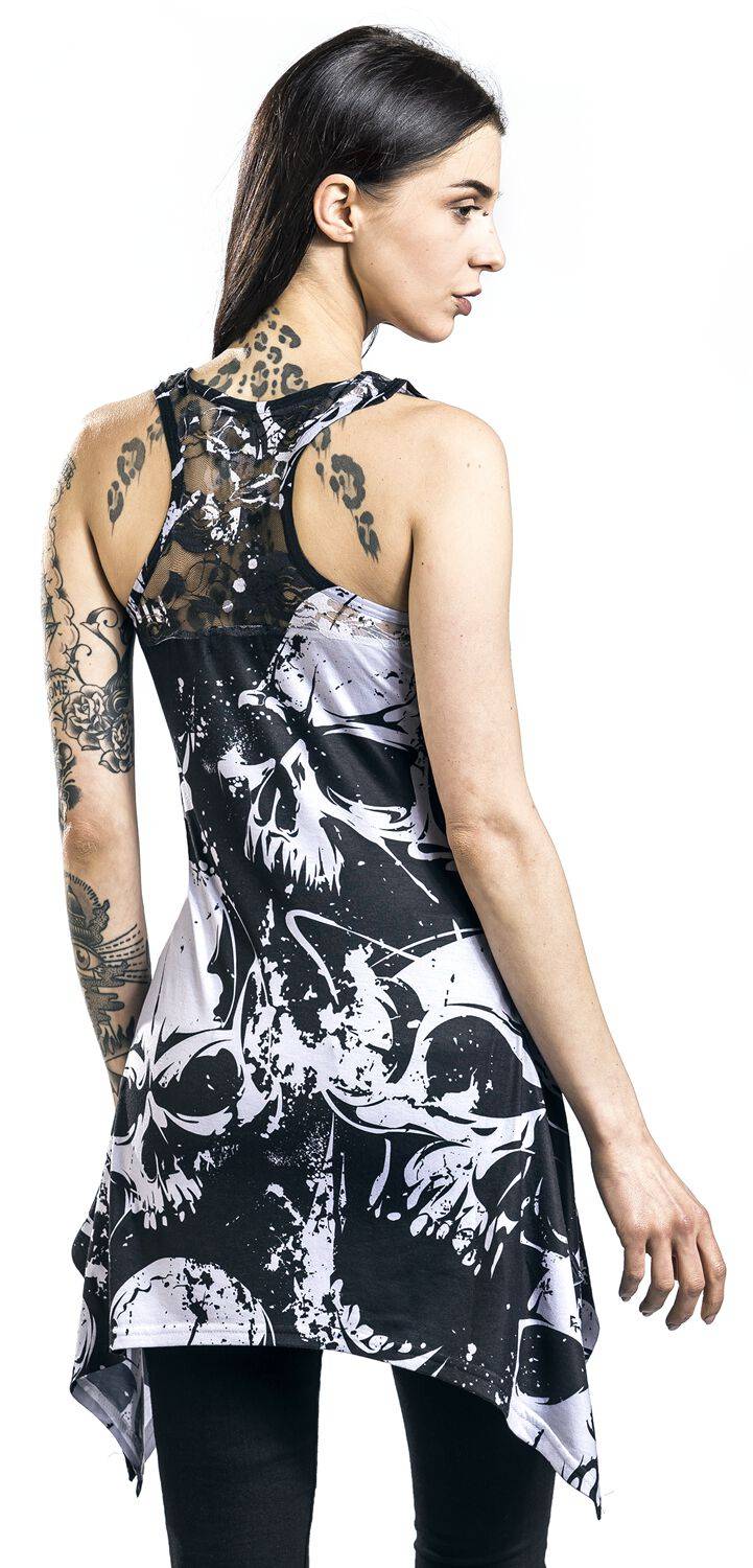 EMP "Skull Pattern Lace Panel Vest" Top Schwarz/weiß Von Heartless
