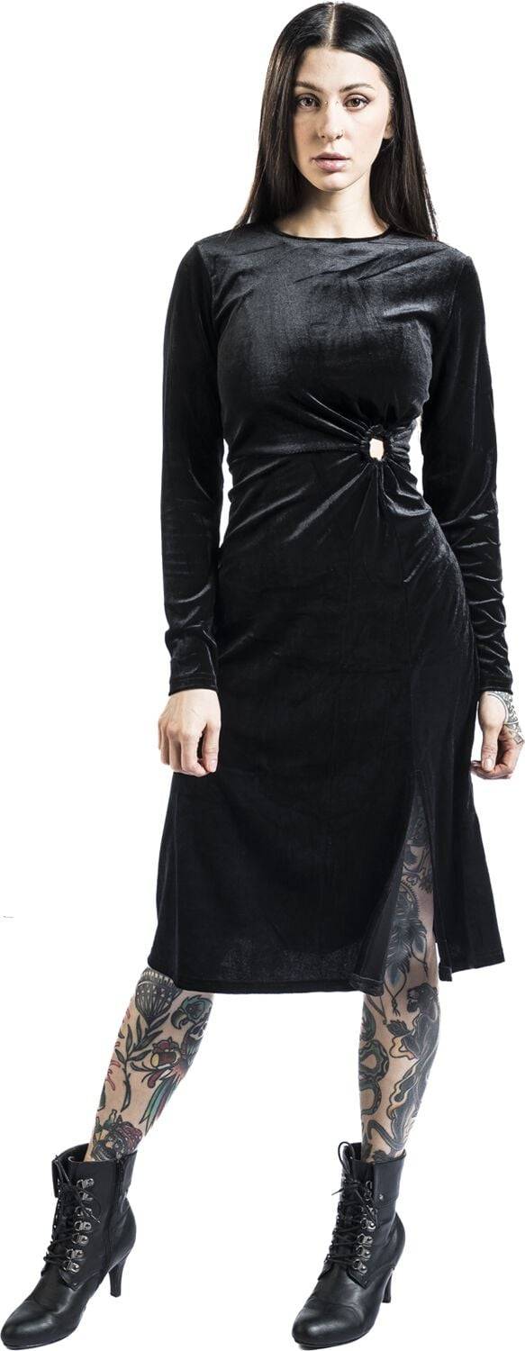 EMP "Velvet Keyhole Side Split Dress" Mittellanges Kleid Schwarz Von QED London