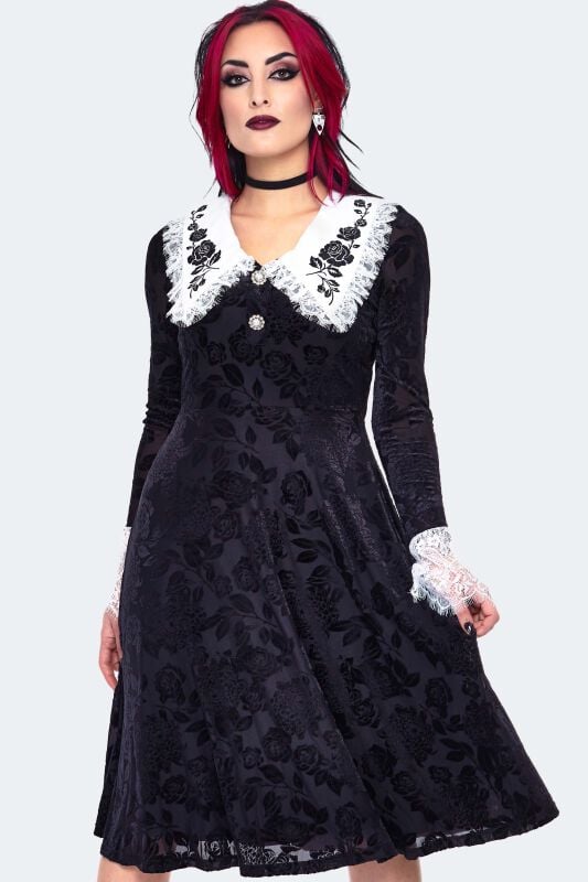 EMP "Velvet Lace Collar Dress" Mittellanges Kleid Schwarz/weiß Von Jawbreaker
