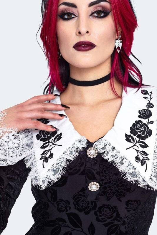 EMP "Velvet Lace Collar Dress" Mittellanges Kleid Schwarz/weiß Von Jawbreaker