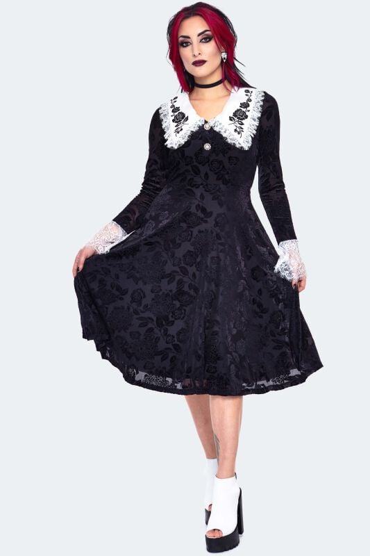 EMP "Velvet Lace Collar Dress" Mittellanges Kleid schwarz/weiß von Jawbreaker