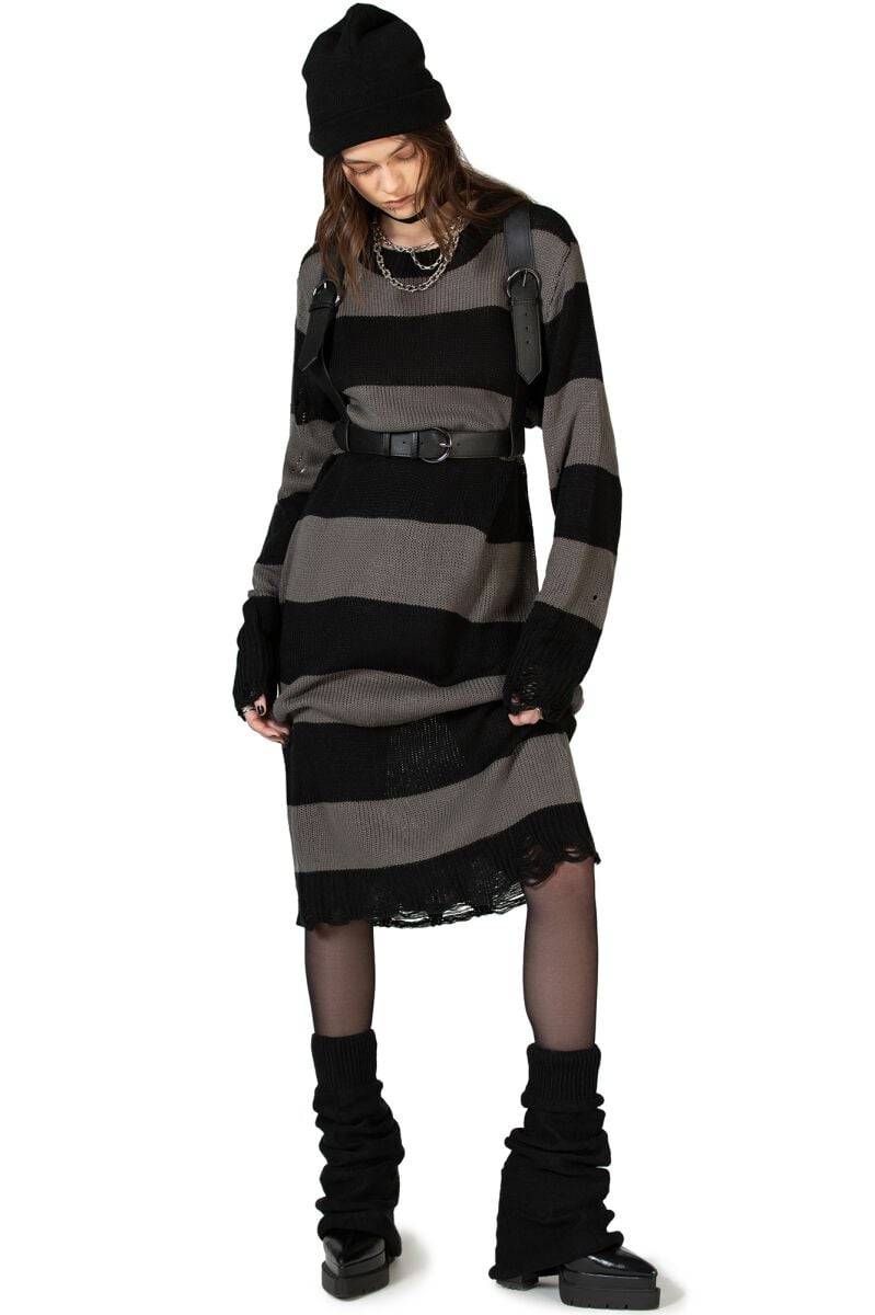 EMP "Within Souls Sweater Dress" Langes Kleid Schwarz/grau Von KIHILIST By KILLSTAR