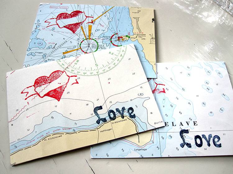 Renna Deluxe Herz LOVE Klappkarte Auf Echter Seekarte – Handgefertigte Maritime Grußkarte