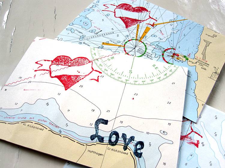 Renna Deluxe Herz LOVE Klappkarte Auf Echter Seekarte – Handgefertigte Maritime Grußkarte