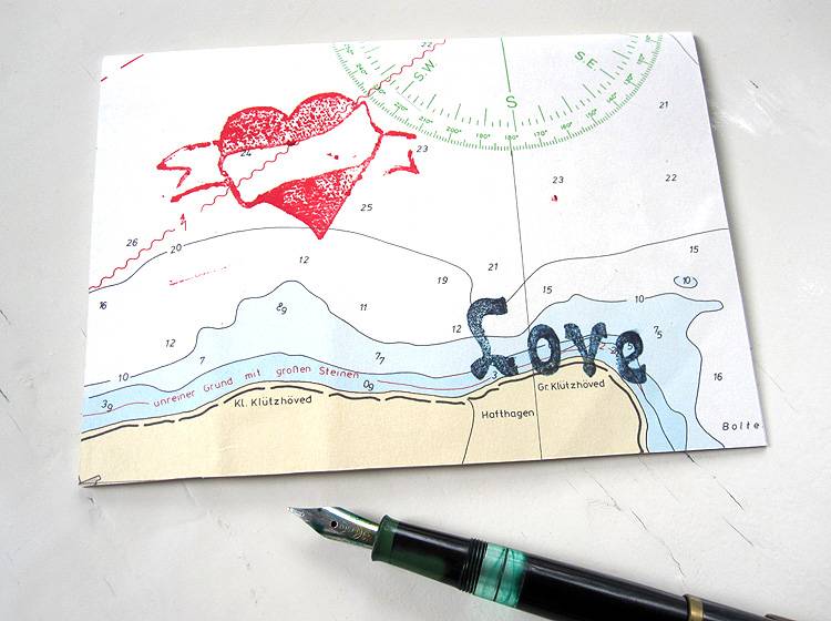 Renna Deluxe Herz LOVE Klappkarte auf Echter Seekarte – Handgefertigte Maritime Grußkarte