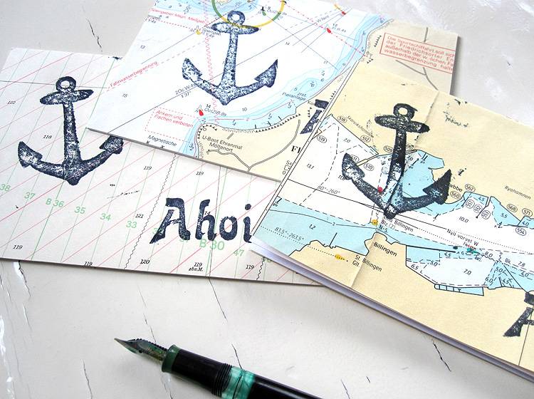 Renna Deluxe Echte SeeKARTE Anker AHOI // Klappkarte