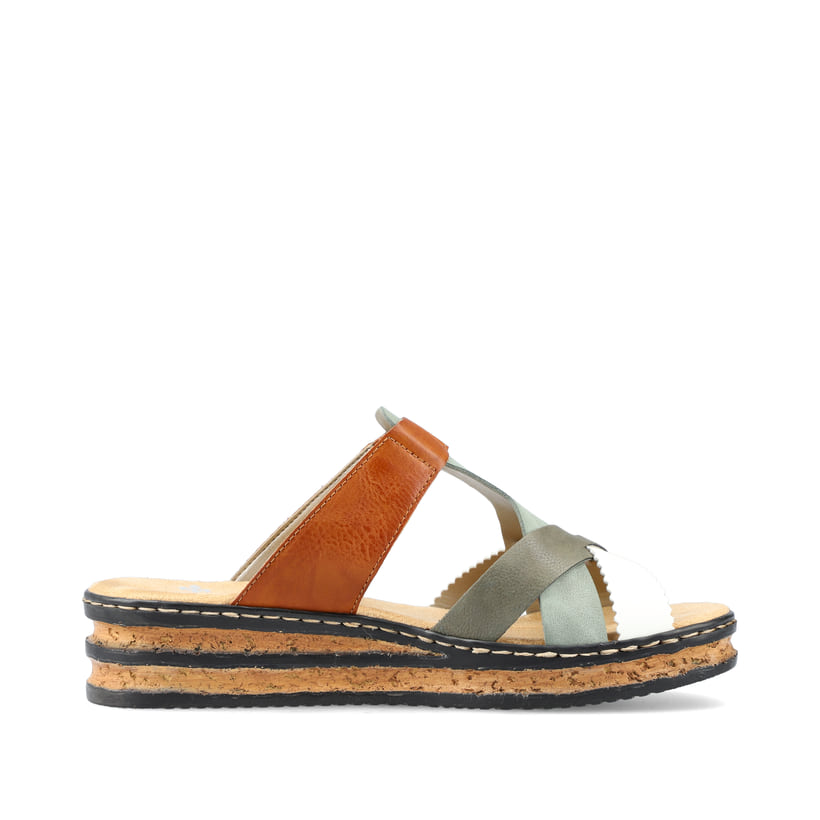 Rieker Artikelnummer 62989-90 Rieker Damen Pantoletten Schokobraun-mintgrün-weiß