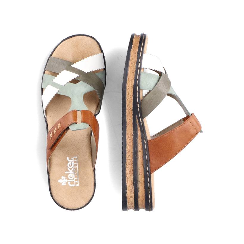 Rieker Artikelnummer 62989-90 Rieker Damen Pantoletten Schokobraun-mintgrün-weiß