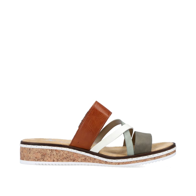 Rieker Artikelnummer V3652-91 Rieker Damen Pantoletten Olivgrün-braun-weiß