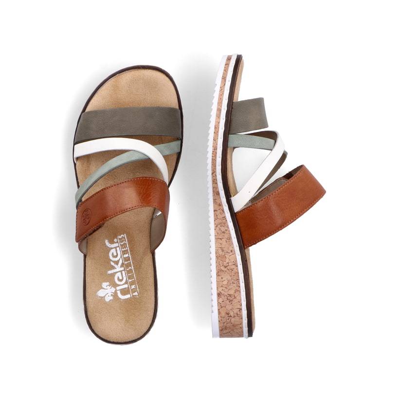 Rieker Artikelnummer V3652-91 Rieker Damen Pantoletten Olivgrün-braun-weiß