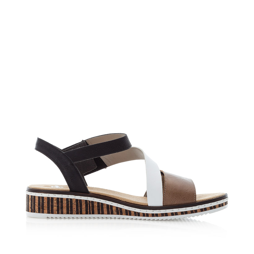 Rieker Artikelnummer V3670-64 Rieker Damen Keilsandaletten Nougatbraun-schwarz-weiß