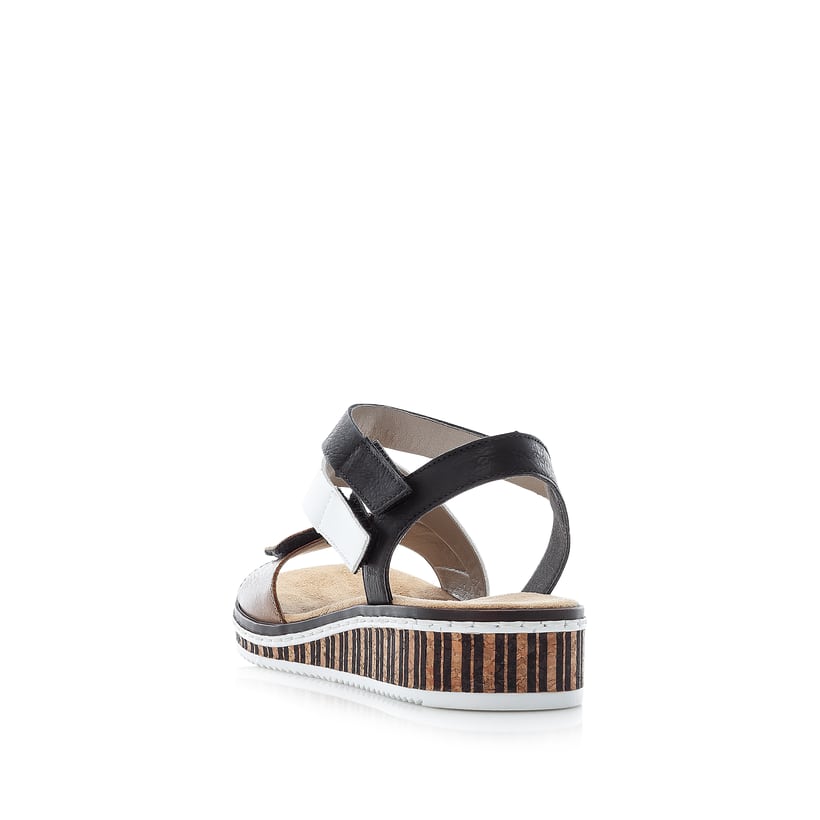 Rieker Artikelnummer V3670-64 Rieker Damen Keilsandaletten Nougatbraun-schwarz-weiß