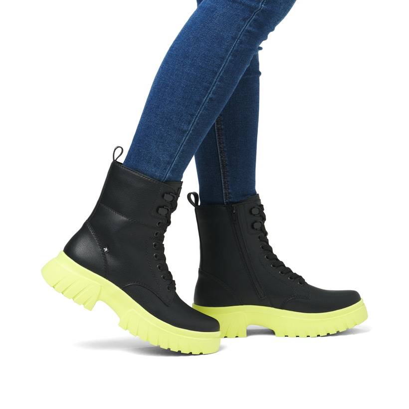 Rieker Artikelnummer W1870-01 Rieker Damen Schnürstiefel Mattschwarz-neongrün
