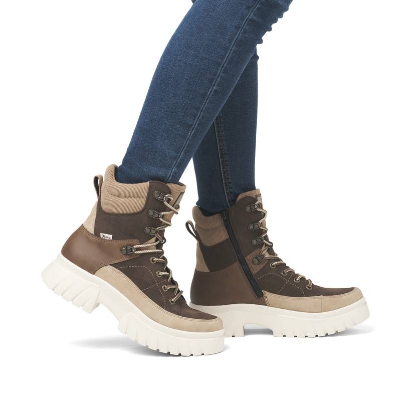 Rieker Artikelnummer W1871-25 Rieker Damen Schnürstiefel Holzbraun-lehmbeige
