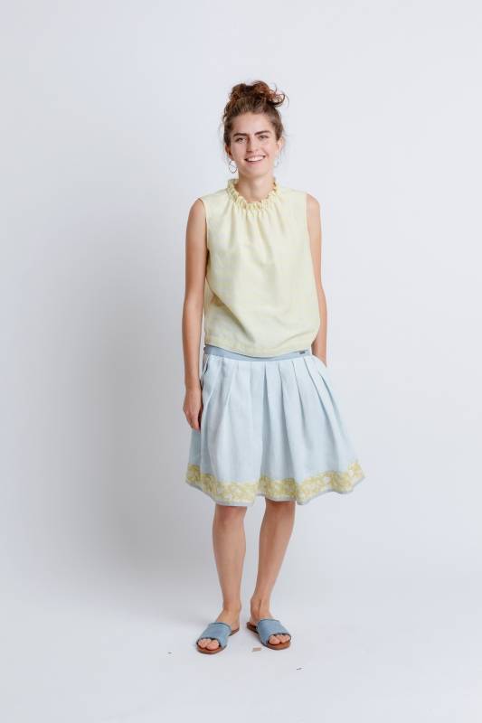 Rockmacherin Bodweda Damen-Trachtenrock mit Passe mit hellblauem irischen Leinen