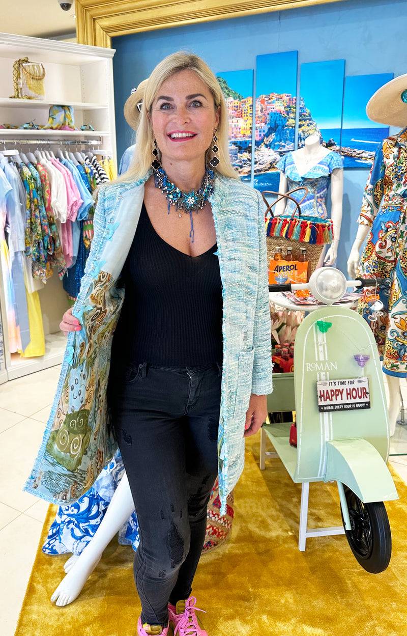 Fleur Bouclé Mantel Blau | Weiß