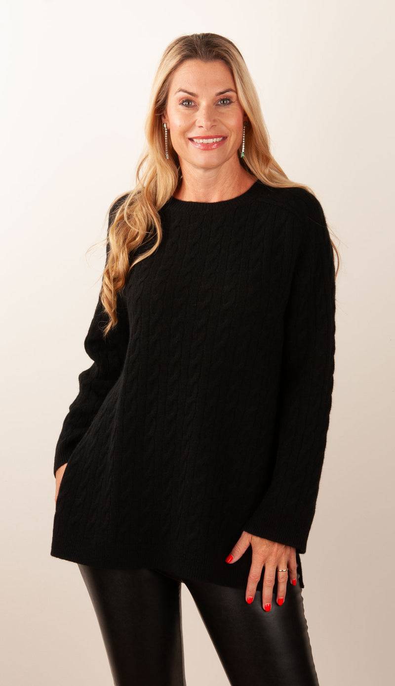 fleur Kaschmir Pullover „Zopfstrick“ Schwarz