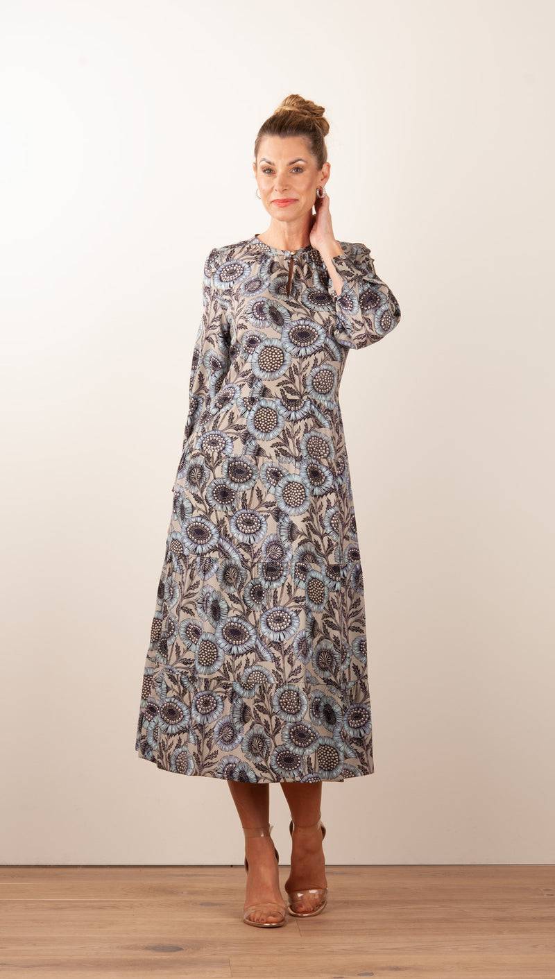 Fleur Kleid „Blumen“ Taupe | Multicolor
