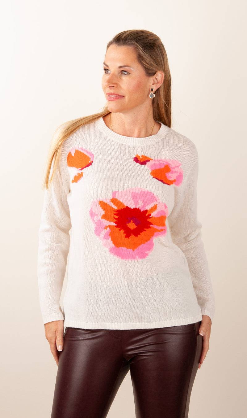 Kitted in Cashmere Kaschmir Pullover „Blume“ Offwhite | Multicolor