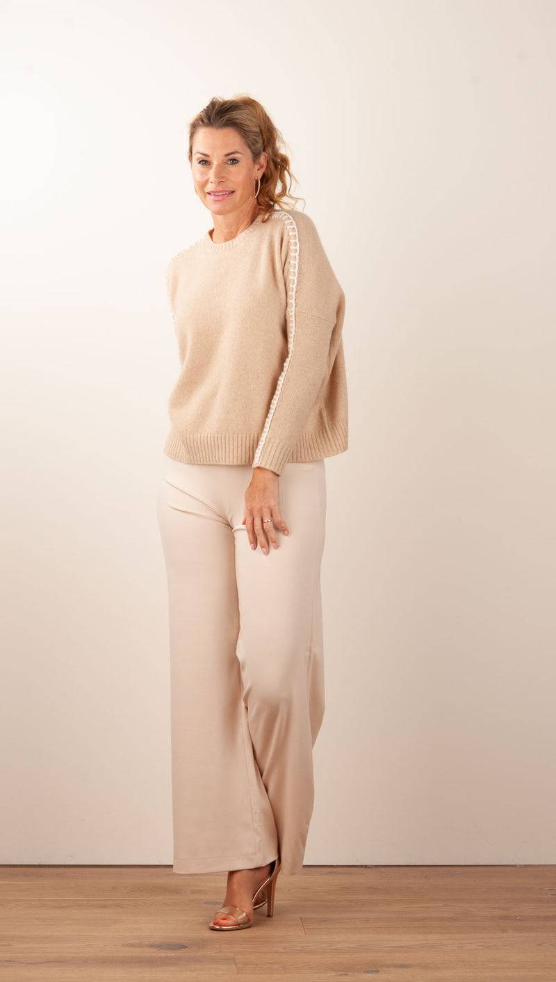 Kujten Kaschmir Pullover „Stitching“ Beige