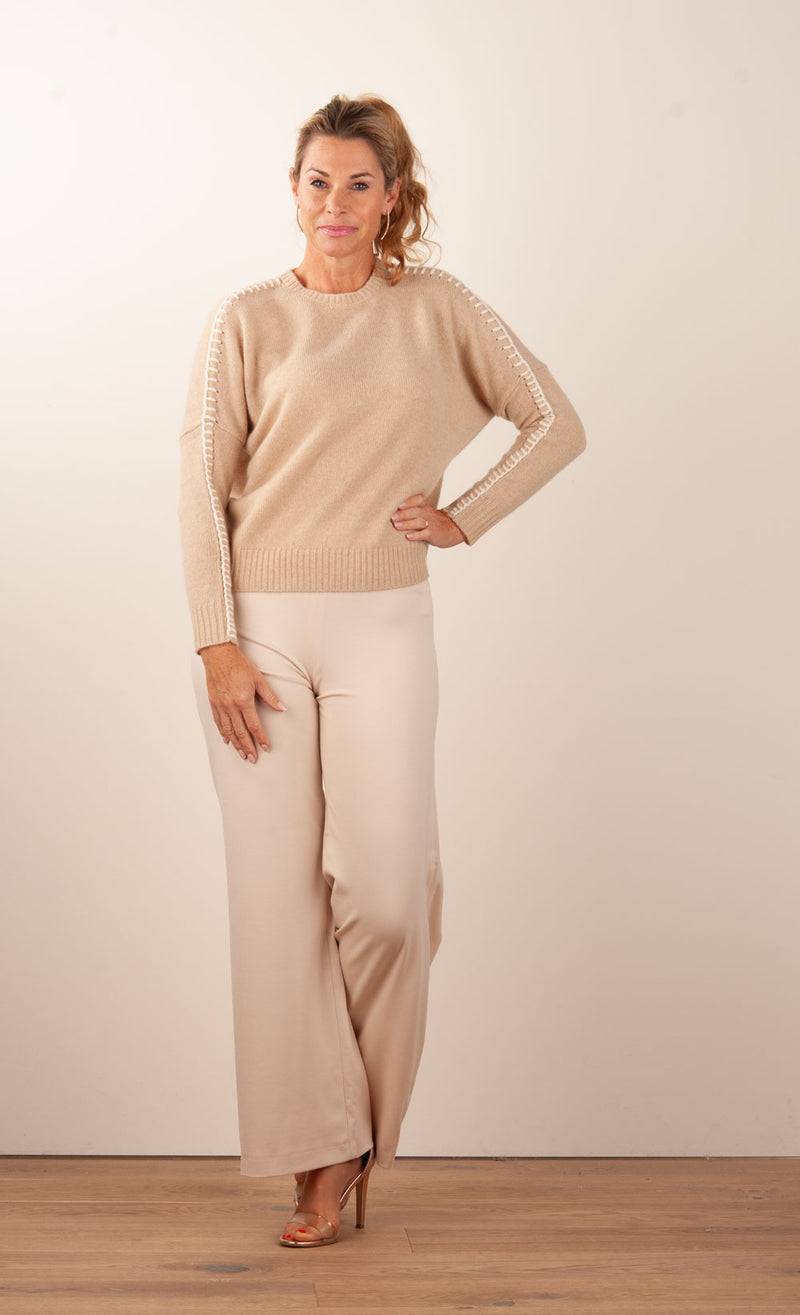 Kujten Kaschmir Pullover „Stitching“ Beige