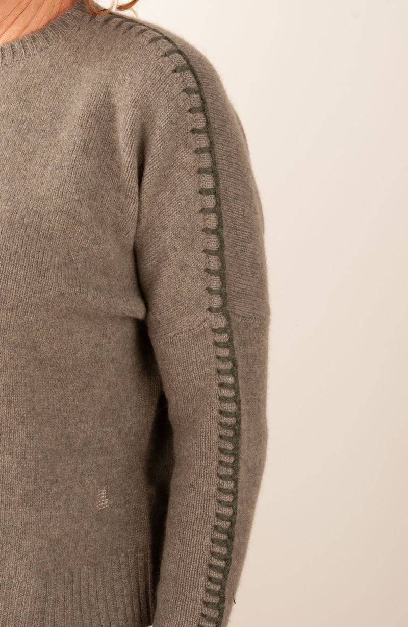 Kujten Kaschmir Pullover „Stitching“ Khaki
