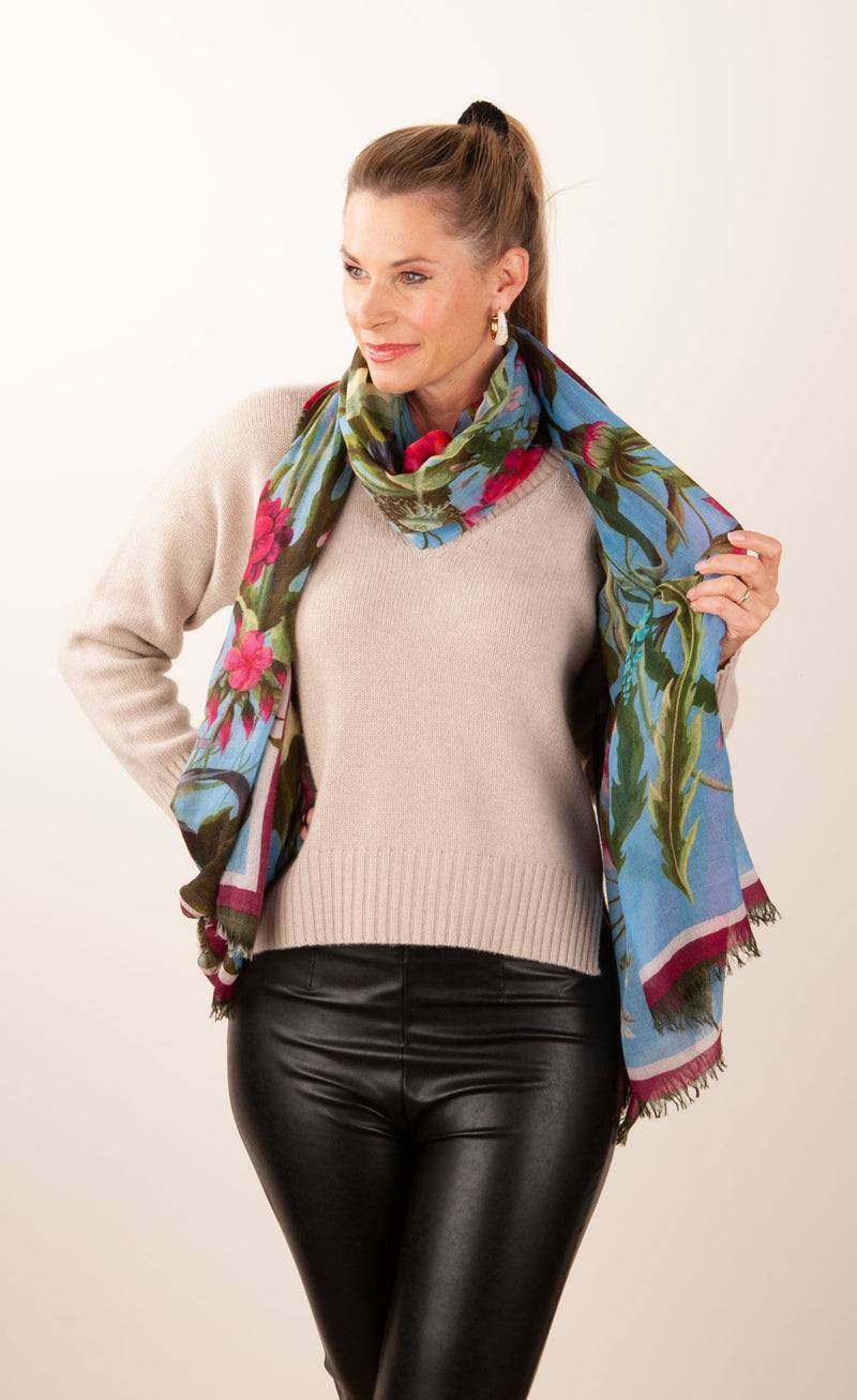 Simone Bruns Schal „Blumen & Blätter“ Blau | Multicolor