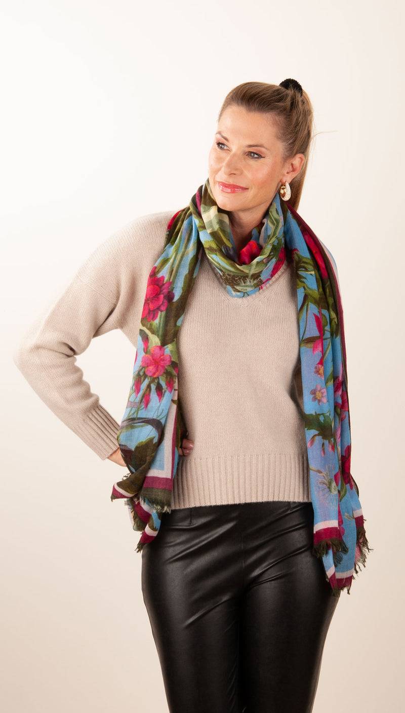 Simone Bruns Schal „Blumen & Blätter“ Blau | Multicolor