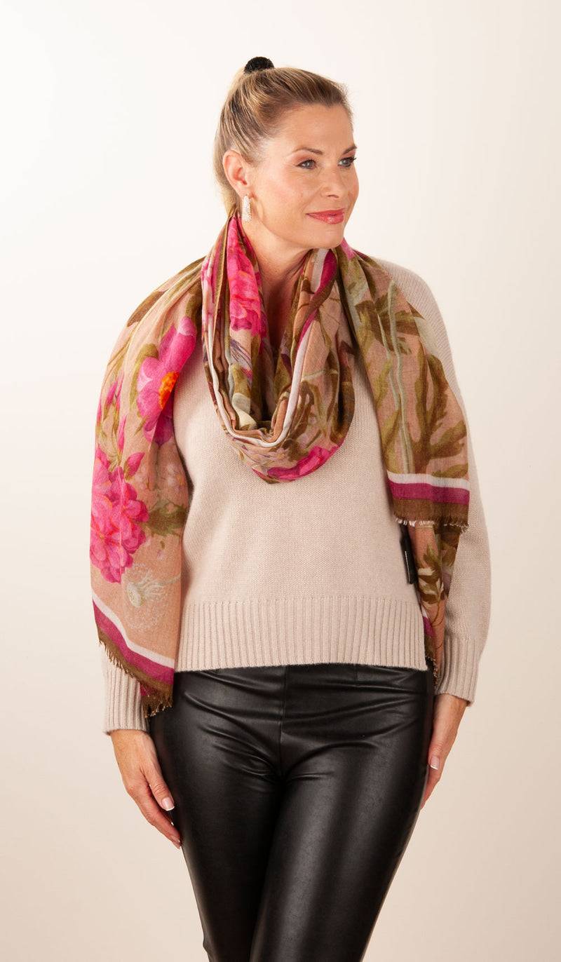 Simone Bruns Schal „Blumen & Blätter“ Taupe | Multicolor