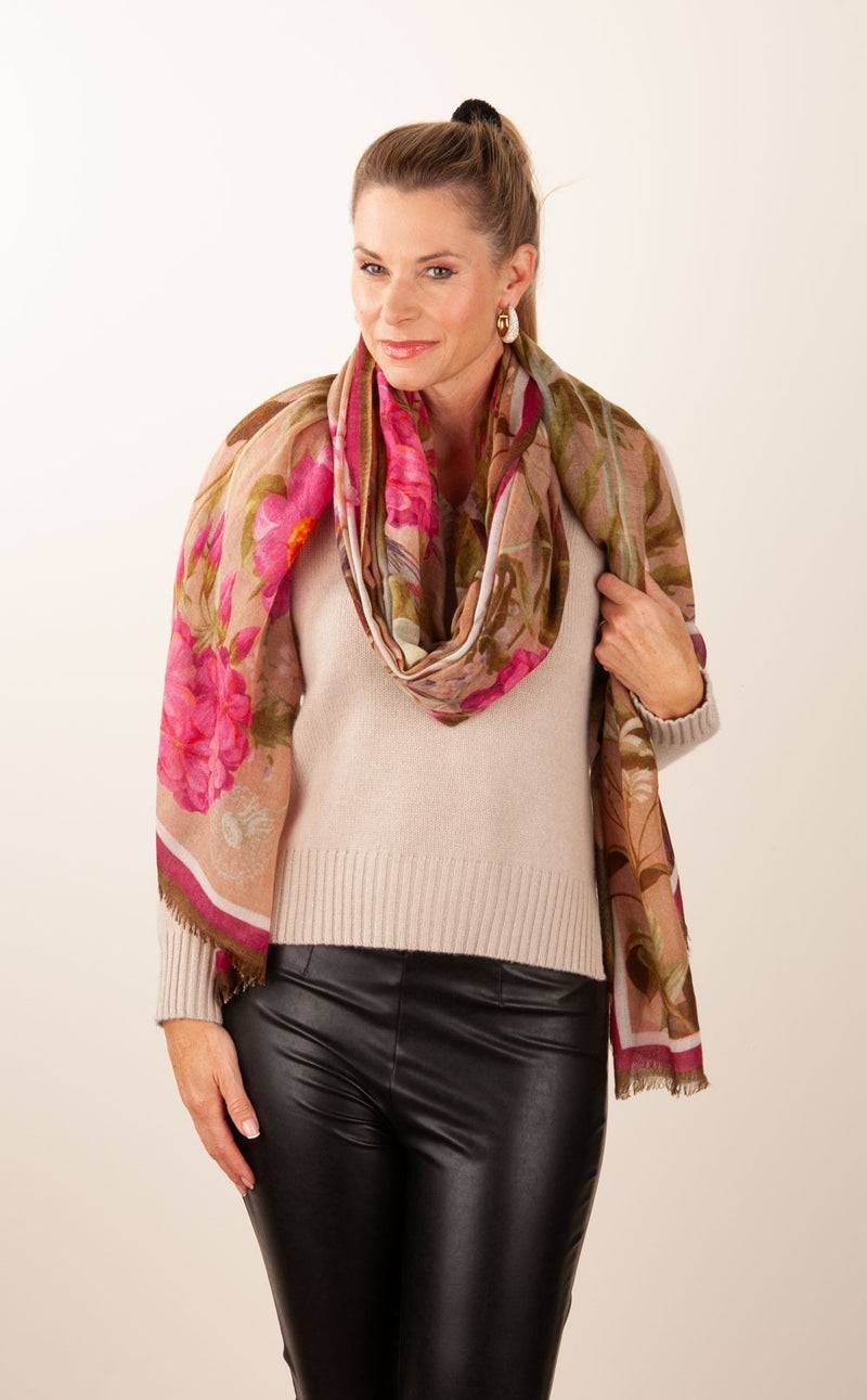 Simone Bruns Schal „Blumen & Blätter“ Taupe | Multicolor