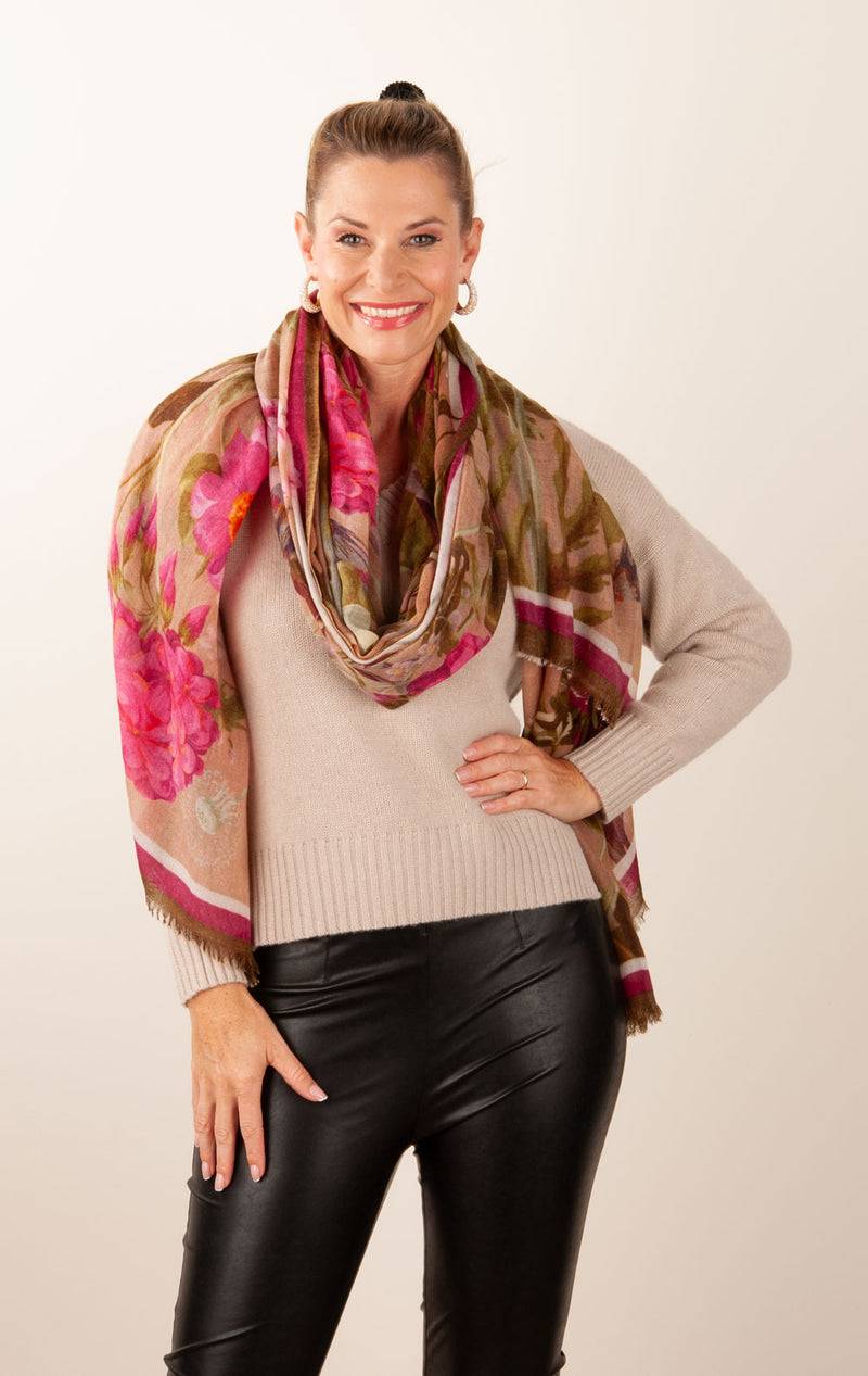 Simone Bruns Schal „Blumen & Blätter“ Taupe | Multicolor