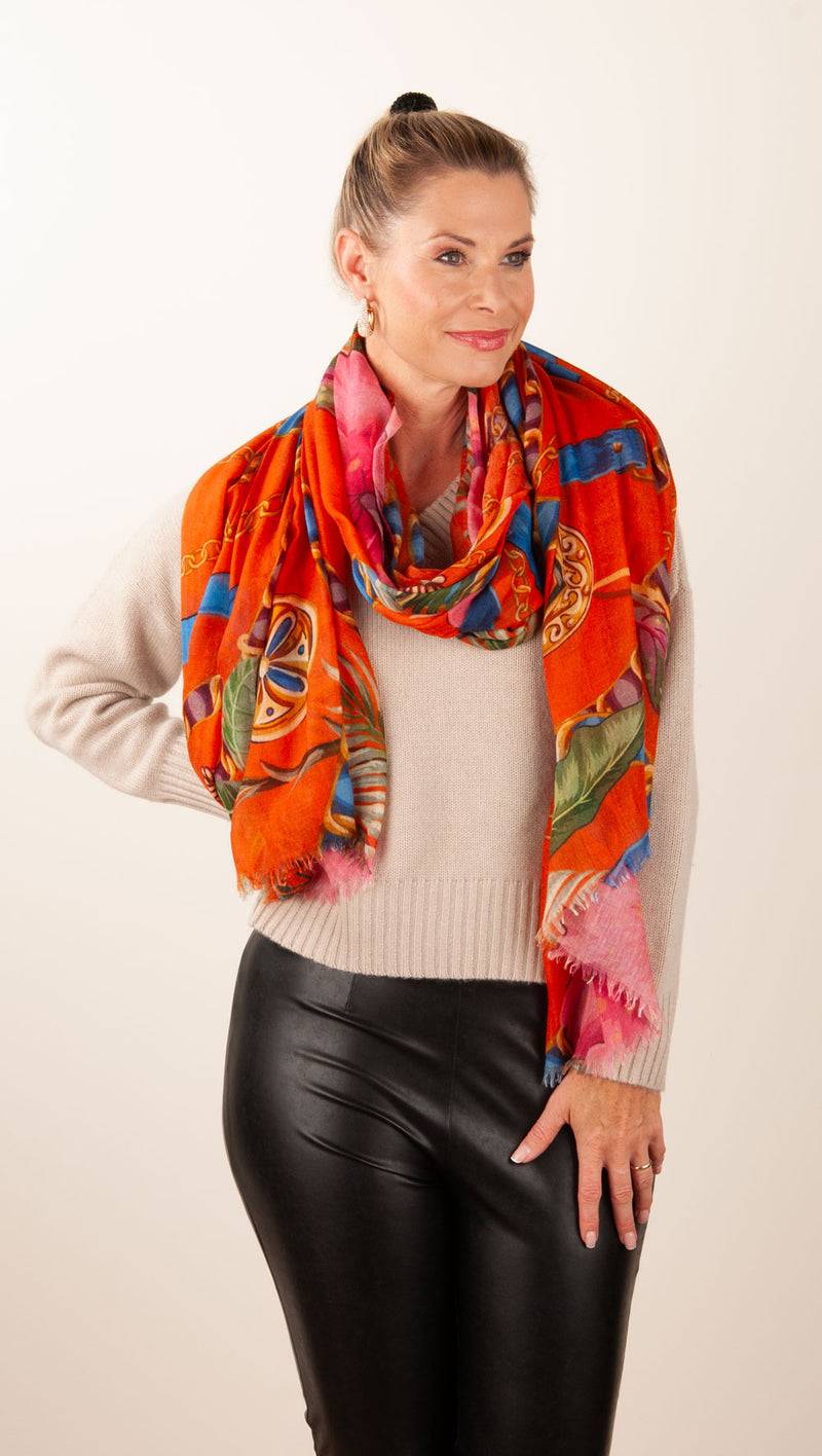 Simone Bruns Schal „Blumen“ Orange | Multicolor