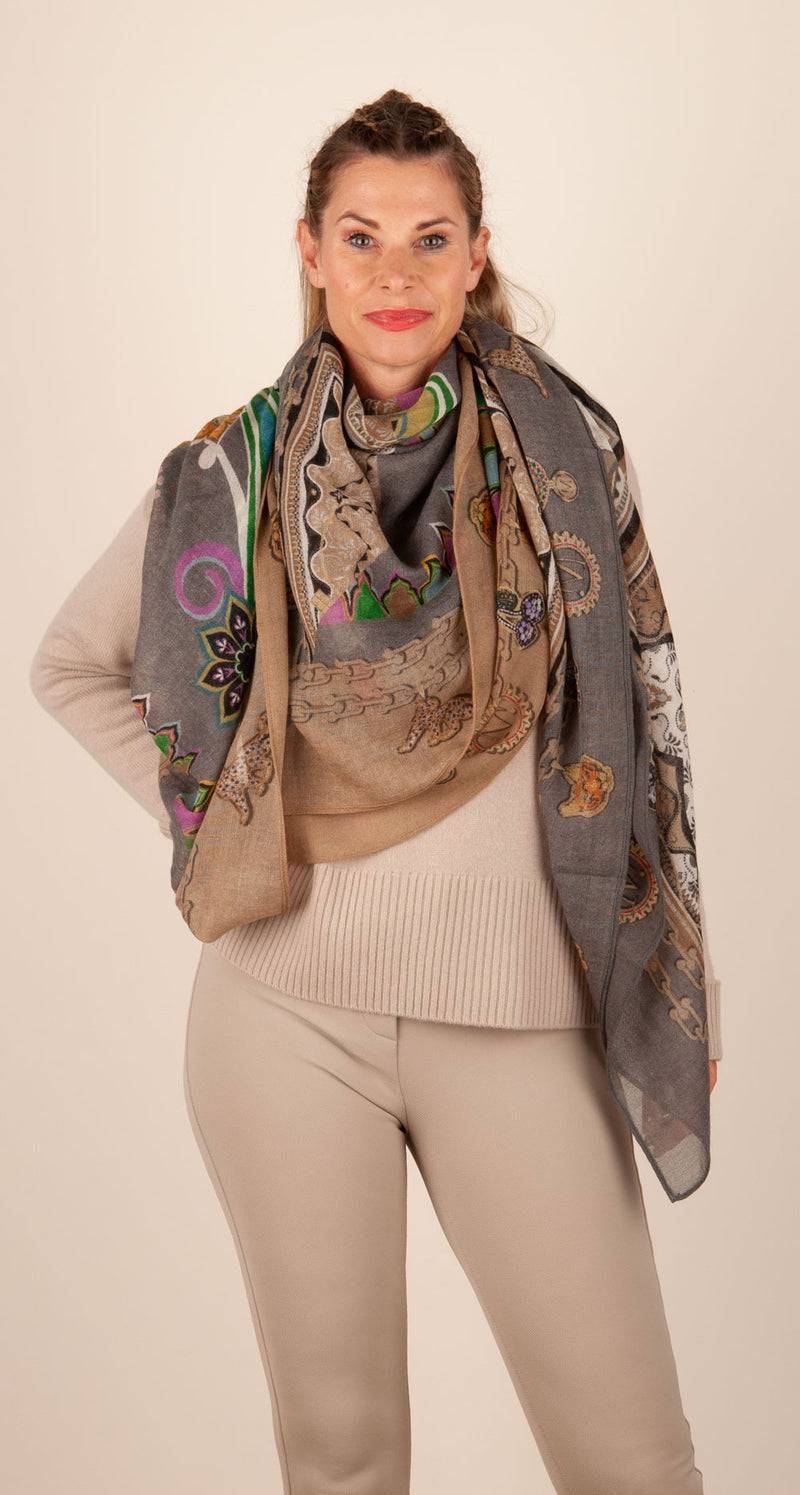 Mucho Gusto Viereckstuch „Zürich“ Anthrazit | Beige | Multicolor