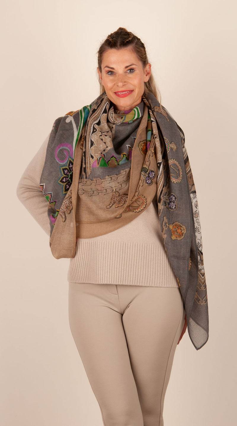 Mucho Gusto Viereckstuch „Zürich“ Anthrazit | Beige | Multicolor