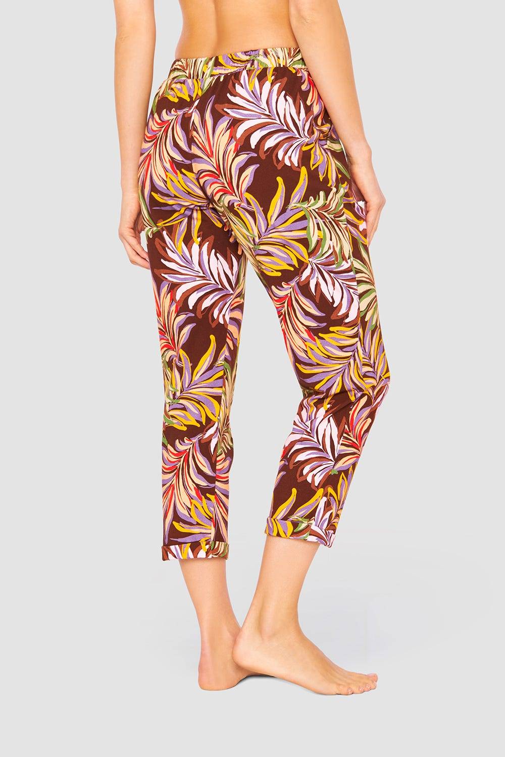 Rösch 7/8-Hose Im Bunten Blätterdruck Braun Baumwolle/Elasthan