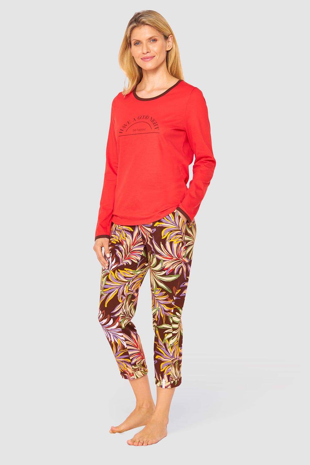 Rösch 7/8-Hose Im Bunten Blätterdruck Braun Baumwolle/Elasthan