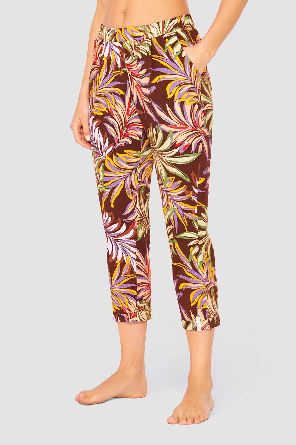 Rösch 7/8-Hose im bunten Blätterdruck Braun Baumwolle/Elasthan
